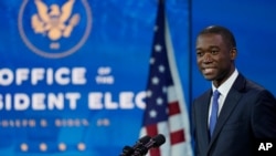 Wally Adeyemo who President-elect Joe Biden nominated to serve as Deputy Secretary of the Treasury speaks at The Queen theater, Tuesday, Dec. 1, 2020, in Wilmington, Del.