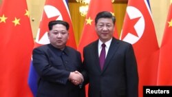 中国国家主席习近平和朝鲜领导人金正恩在北京人民大会堂握手（2018年3月28日发布的照片）