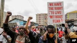 Protesters demonstrate against police brutality, in Nairobi, Kenya, June 8, 2020.