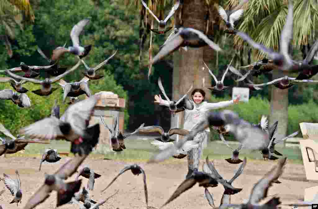 A girl runs toward pigeons in a public park, in Jiddah, Saudi Arabia.