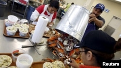 Archivo. Trabajadores temporales temporales procesan cangrejos en la casa de recolección de cangrejos AE Phillips & Son Inc. en Hooper's Island en Fishing Creek, Maryland, el 26 de agosto de 2015.