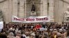 Rome residents, fed up with what they say is the ongoing decay of the city, rally in front of the city's Campidoglio Capitol Hill, Oct. 27, 2018. The banner reads "Rome Says Enough." 