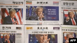 Halaman depan dari sejumlah surat kabar Korea Selatan pada 7 November 2024 menampilkan berita tentang terpilihnya Donald Trump sebagai Presiden AS. (Foto: AFP/Jung Yeon-je)