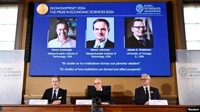 Royal Swedish Academy of Sciences announces the Nobel Prize in economics, which goes to Daron Acemoglu, Simon Johnson and James A Robinson, in Stockholm, Sweden, October 14, 2024. (TT News Agency/Christine Olsson via REUTERS )