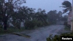 Strong winds batter Oceanhill Boulevard in Freeport, as Hurricane Dorian passes over Grand Bahama Island, Bahamas Sept. 2, 2019 in this still image taken from a video by social media. (Lou Carroll via Reuters)