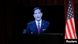 Republican U.S. presidential candidate and U.S. Senator Marco Rubio participates via video conference during the Voters First Presidential Forum in Manchester, New Hampshire August 3, 2015. 