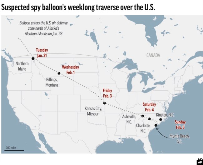 Map shows path of suspected spy balloon.