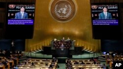 Perdana Menteri Kanada Justin Trudeau berpidato di KTT Perdamaian Nelson Mandela, di Majelis Umum PBB, di New York, 24 September 2018.