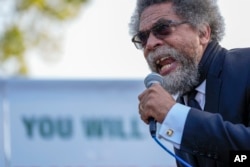 FILE - Progressive activist Cornel West speaks at a demonstration in Union Park outside the Democratic National Convention in Chicago, Aug. 21, 2024.