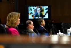 Senators listen as Dr. Anthony Fauci, director of the National Institute of Allergy and Infectious Diseases, speaks remotely during a virtual Senate Committee for Health, Education, Labor, and Pensions hearing on Capitol Hill, May 12, 2020.