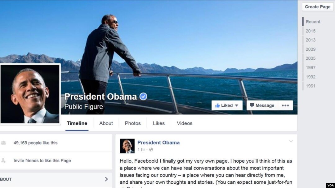 Laman Facebook Presiden Amerika Barack Obama yang diluncurkan hari Senin (9/11).