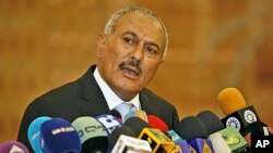 President Ali Abdullah Saleh speaks during a media conference in Sanaa, Yemen, February 21, 2011