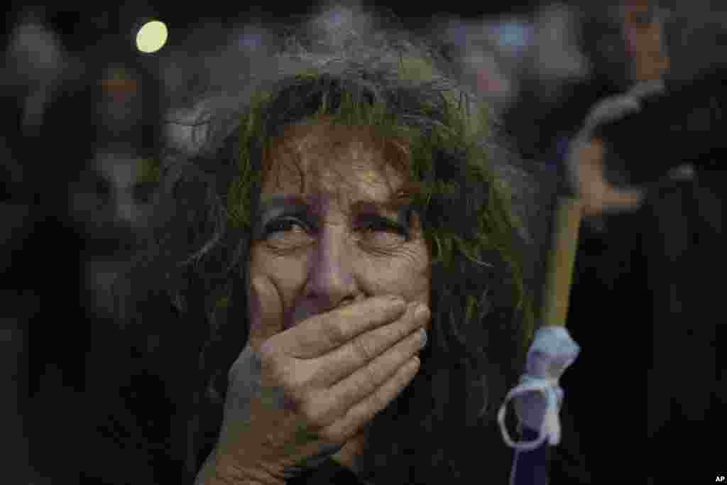 Relatives and friends of people killed and abducted by Hamas and taken into Gaza, react to the news of the hostages' release, as they gather in Tel Aviv, Israel, Jan. 19, 2025. 