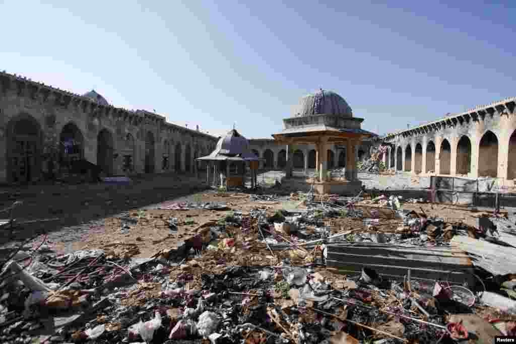 A general view of damage in the Umayyad mosque of Old Aleppo, Dec. 15, 2013.