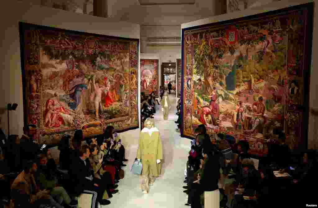 A model presents a creation by designer Bruno Sialelli as part of his Fall/Winter 2020/21 women&#39;s ready-to-wear collection show for fashion house Lanvin during the Paris Fashion Week, France.