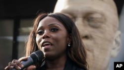 FILE - New York Councilwoman Farah Louis speaks during a celebration ceremony for the refurbished George Floyd statue, after it was vandalized following its Juneteenth installation, July 22, 2021, in the Brooklyn borough of New York. 