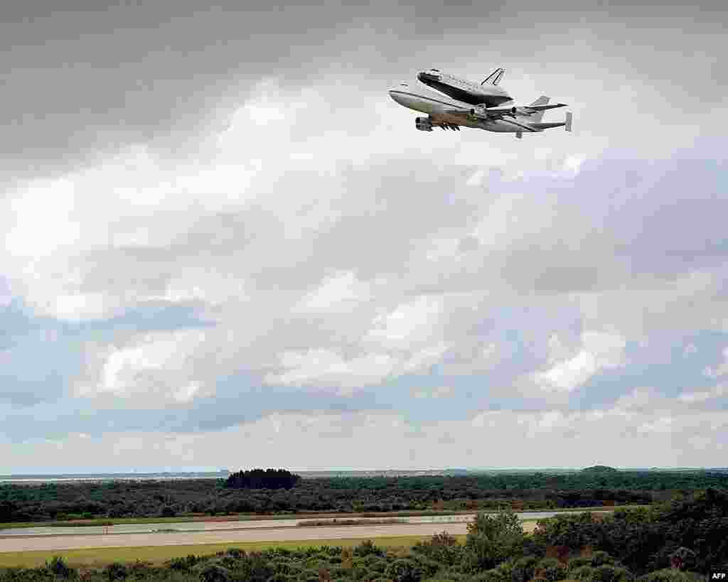 Discovery, then NASA's newest shuttle, makes a triumphant fly-by of the Florida Space Coast and the Kennedy Space Center runway, October 9, 1983. (NASA)