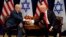 President Donald Trump shakes hands with Israeli Prime Minister Benjamin Netanyahu during a meeting at the Palace Hotel during the United Nations General Assembly in New York, Sept. 18, 2017. 