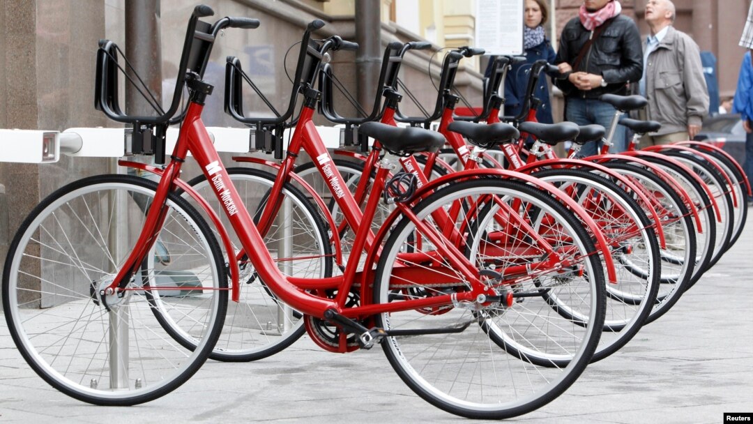 Bicycles with the Bank of Moscow log stand ready to rent in central Moscow, May 27, 2013.