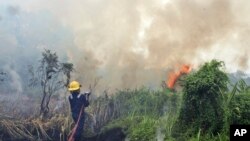 Petugas pemadam kebakaran bersiap memadamkan kebakaran hutan di Pekanbaru, Riau (27/2). (AP/Ronny Muharrman)