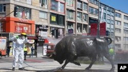 Workers clean and disinfect one of the city's iconic landmarks, the Bull, in Kadikoy Square amid the coronavirus outbreak, in Istanbul, April 12, 2020.