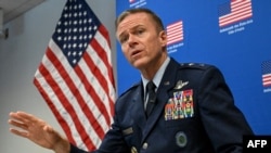 US Africa Command's Major General Kenneth Ekman gestures as he addresses a news conference at the US Embassy in Abidjan on July 24, 2024. 