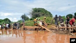 FILE - Residents of Chamwana Muma village walk through flood water after using a makeshift bridge to cross the swollen River Tana, in Tana Delta, Kenya, on Wednesday Nov. 15, 2023.