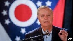 Sen. Lindsey Graham, R-S.C., speaks during a campaign event for Ohio Attorney General and Republican gubernatorial candidate Mike DeWine, Oct. 30, 2018, in downtown Cincinnati. 
