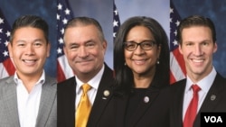 《打击中国共产党影响法案》的共同发起人(从左至右)：来自加利福尼亚州的民主党籍联邦众议员德里克·陈、来自内布拉斯加州的共和党籍联邦众议员丹·培根、华盛顿州民主党联邦众议员玛丽莲·斯特里克兰和北卡罗来纳州共和党联邦众议员帕特·哈里根。