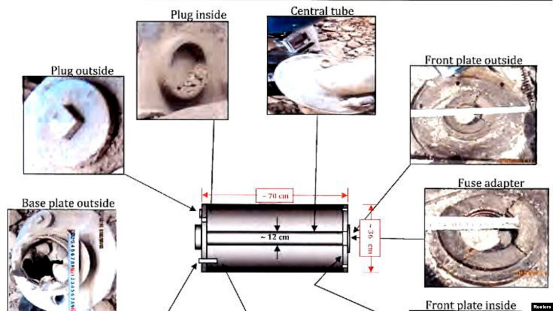 A diagram released in a United Nations report September 16, 2013, on possible use of chemical weapons in Syria shows markings and dimensions of warheads found in the area visited by UN inspectors. 