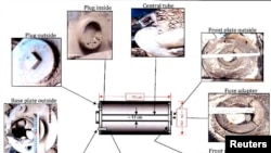 A diagram released in a United Nations report September 16, 2013, on possible use of chemical weapons in Syria shows markings and dimensions of warheads found in the area visited by UN inspectors. 