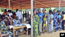 Men and women stand in line to cast their ballots at the city of Cotonou, Benin, March 13, 2011