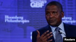 FILE - Chief Executive of Dangote Industries Limited Aliko Dangote speaks at the Bloomberg Global Business Forum in New York City, Sept. 20, 2017. 