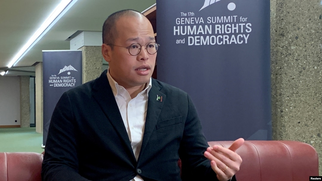 Sebastien Lei, the son of Hong Kong pro-democracy advocate Jimmy Lai, attends an interview with Reuters ahead of the 17th Geneva Summit for human rights and democracy in Geneva, Feb. 17, 2025. 