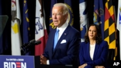 Democratic presidential candidate former Vice President Joe Biden speaks during a campaign event with his running mate Sen. Kamala Harris, D-Calif., at Alexis Dupont High School in Wilmington, Del.