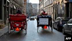 Two horse-drawn carriages pass by in a street of Old Montreal, Quebec, Canada on December 22, 2019. - Montreal's horse-drawn carriages will be taken off the roads on December 31, ending a long feud between the city and coachmen.