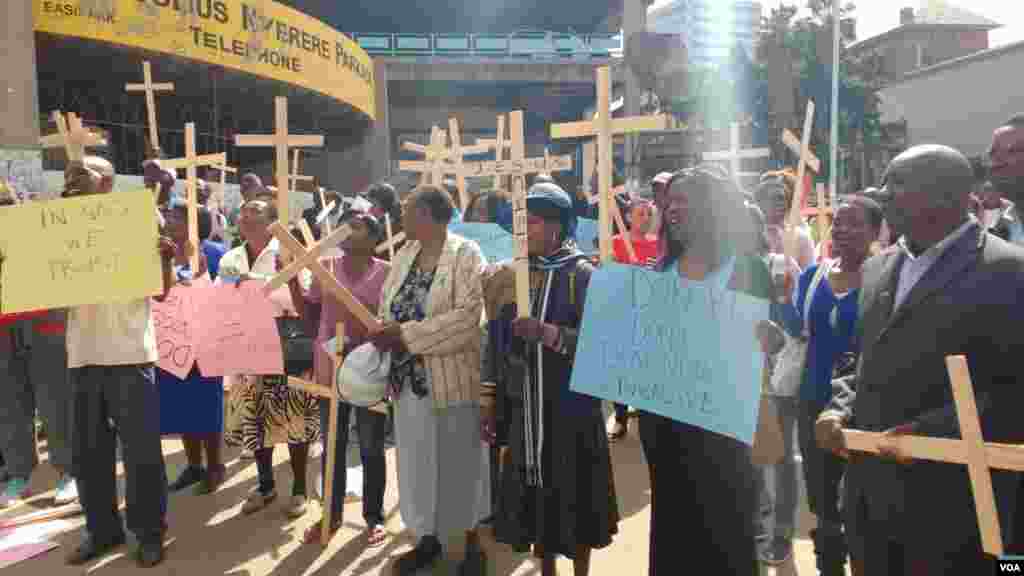 Protesters carrying miniature holy crosses in Harare.