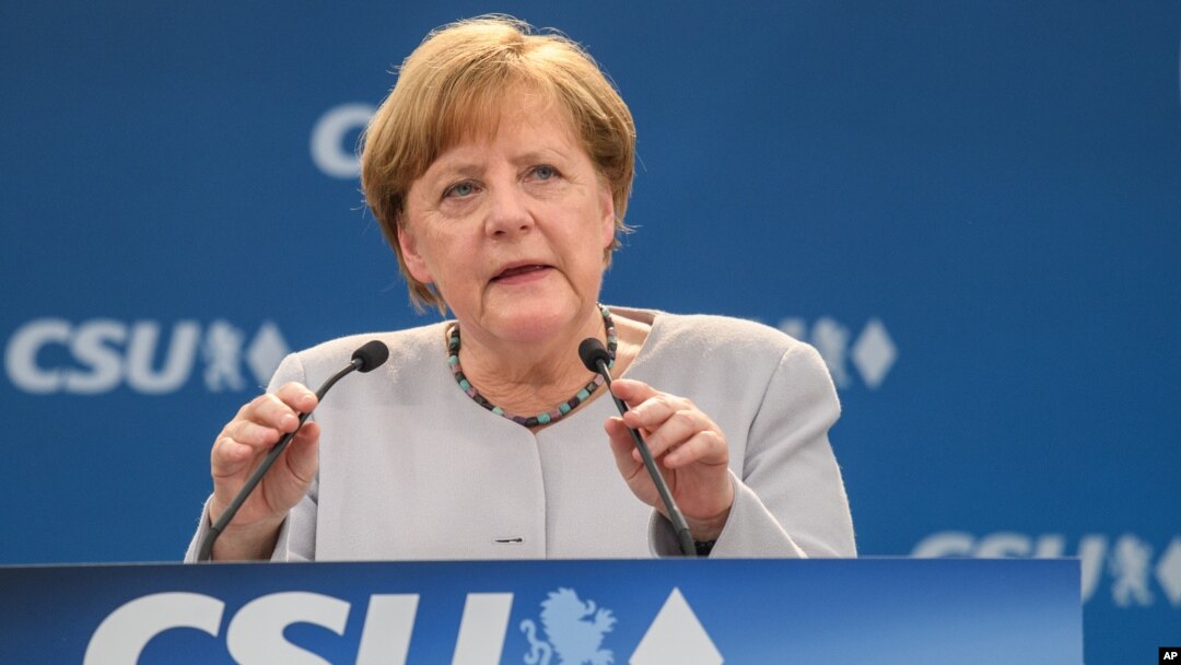 German Chancellor Angela Merkel delivers a speech during a joint campaigning event of the Christian Democratic Union (CDU) and the Christion Social Union (CSU) in Munich, May 27, 2017. 