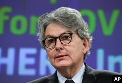 European Commissioner for Internal Market Thierry Breton addresses a media conference at EU headquarters in Brussels, Wednesday, Feb. 17, 2021. The European Union announced Wednesday that it has agreed to buy a further 300 million doses of Moderna's…