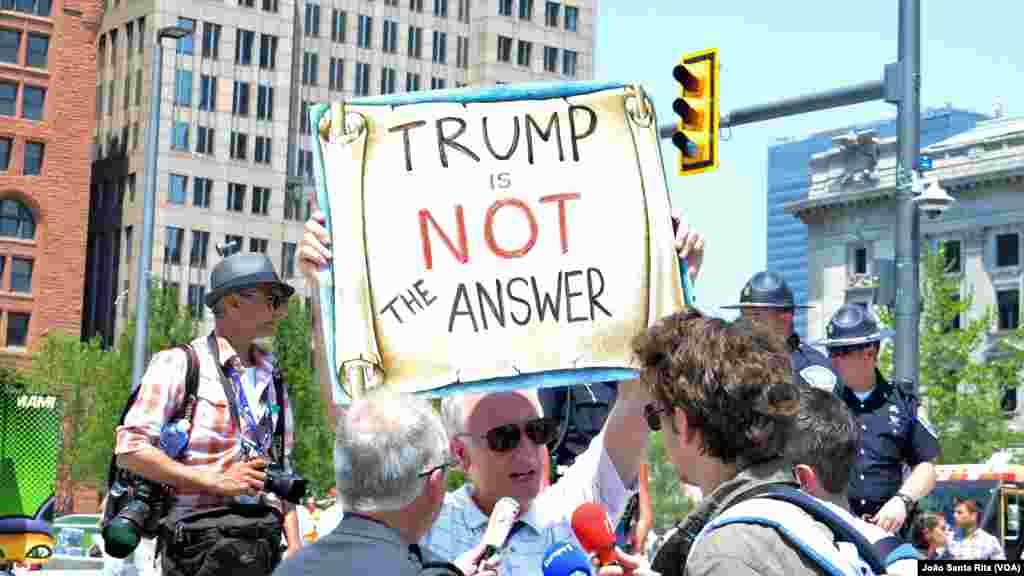 An anti-Trump protester outside the Quick and Loans arena where the Republican National Convention is taking place. Cleveland, Ohio. Jul 19, 2016