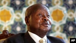 FILE - Ugandan President Yoweri Museveni speaks to reporters at the Akasaka Palace state guesthouse in Tokyo, Sept. 12, 2015. 