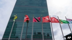 FILE - Some of the member state flags fly outside the United Nations headquarters, in New York, Sept. 18, 2020. 