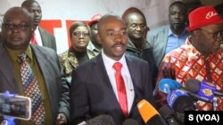 Nelson Chamisa leader of the Movement for Democratic Change (MDC) Alliance, speaks to reporters, July 25, 2018, in Harare. He says he is confident of victory in the July 30 election despite what he says is the Zimbabwe Electoral Commission's design of the