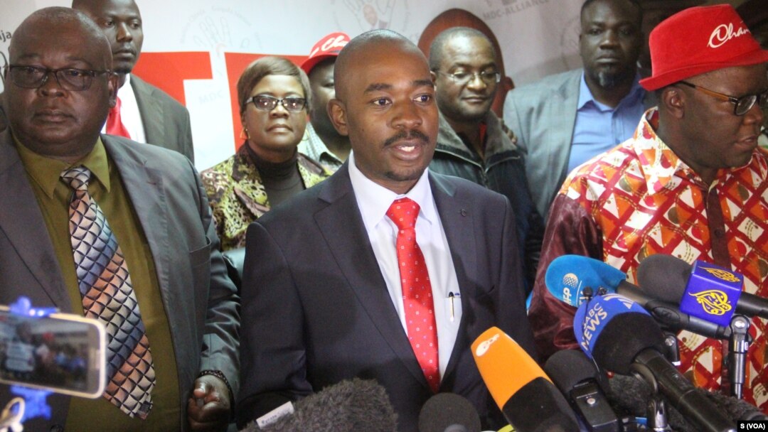 Nelson Chamisa leader of the Movement for Democratic Change (MDC) Alliance, speaks to reporters, July 25, 2018, in Harare. He says he is confident of victory in the July 30 election despite what he says is the Zimbabwe Electoral Commission's design of the presidential ballot, which gives an unfair advantage to President Emmerson Mnangagwa.
