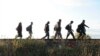 Migrants walk along the railway tracks connecting Horgos and Szeged in the vicinity of the Hungaro-Serbian border near Roszke, 180 kms southeast from Budapest, Hungary, Sept. 8, 2015. 