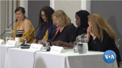 Professor Olatunde Johnson (second right), businesswoman Davia Temin (center), and author Shelly Oria (far left) were among the panelists at a recent #MeToo panel discussion at Columbia University in New York, Oct. 9, 2019.