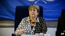 UN High Commissioner for Human Rights, Michelle Bachelet addresses a news conference in Ouagadougou, Burkina Faso, Dec. 1, 2021.