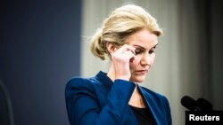 PM Denmark Helle Thorning-Schmidt memberikan keterangan pers di Kopenhagen (15/2).