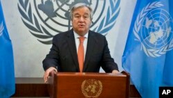 FILE - U.N. Secretary-General Antonio Guterres speaks at the U.N. headquarters, Oct. 5, 2018.