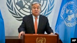 FILE - U.N. Secretary-General Antonio Guterres speaks at the U.N. headquarters, Oct. 5, 2018.